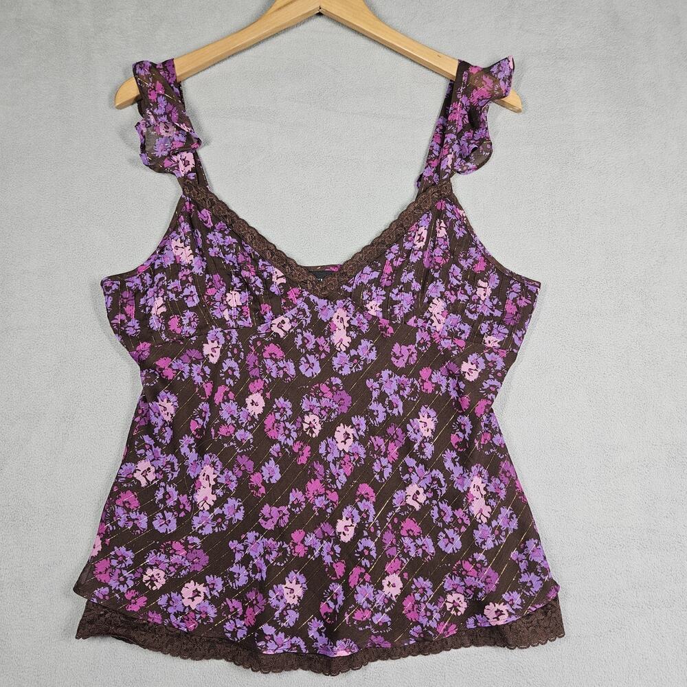 Vintage Y2K Babydoll Cami Top Womens L Purple Brown Lace Whimsigoth Fairy Floral
